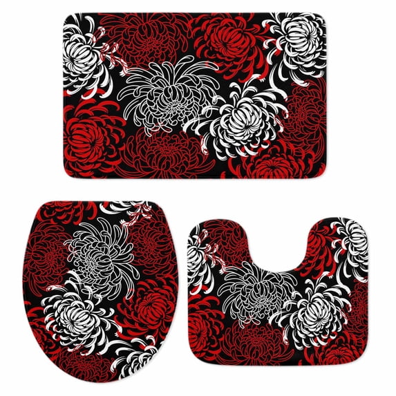 Red White Bath Mat 3 Piece Bathroom Rug Set, Abstract Black Chrysanthemum Flower Floral Non Slip Bath Rug Contour Mat and Toilet Lid Cover, Absorbent Shower Mats Soft Bath Rugs and Mats Sets