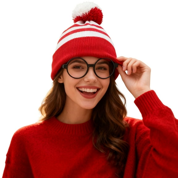 Red White Beanie Waldo Hat Christmas Pom Pom Striped Knit Hat with Glasses