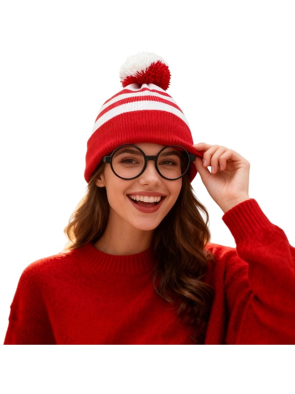 Red White Beanie Waldo Hat Christmas Pom Pom Striped Knit Hat with Glasses