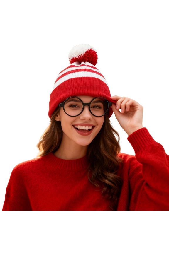 Red White Beanie Waldo Hat Christmas Pom Pom Striped Knit Hat with Glasses