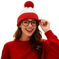 thumbnail image 1 of Red White Beanie Waldo Hat Christmas Pom Pom Striped Knit Hat with Glasses, 1 of 8