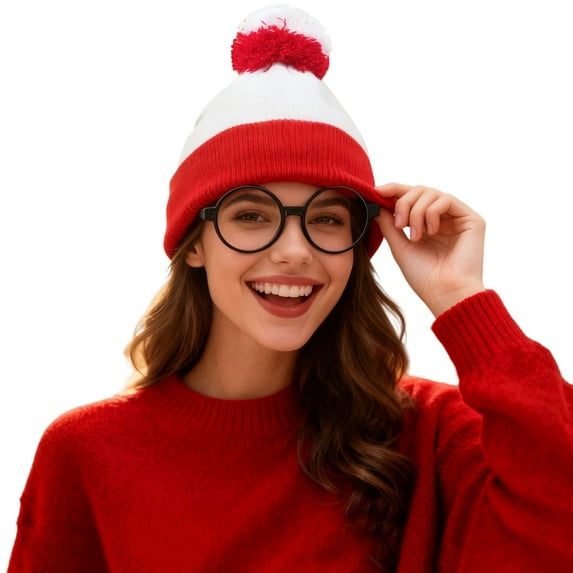 Red White Beanie Waldo Hat Christmas Pom Pom Striped Knit Hat with Glasses