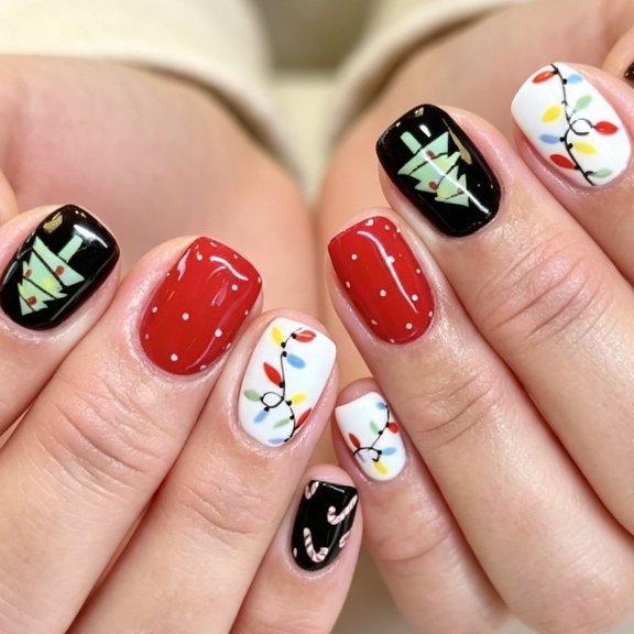 Red White Black Christmas Press on Nails Short Square Fake Nails Glossy Christmas Tree Candy Cane String Lights Full Cover Adhesive Press Ons Acrylic False Nails Nail Tips Holiday 24 Pcs