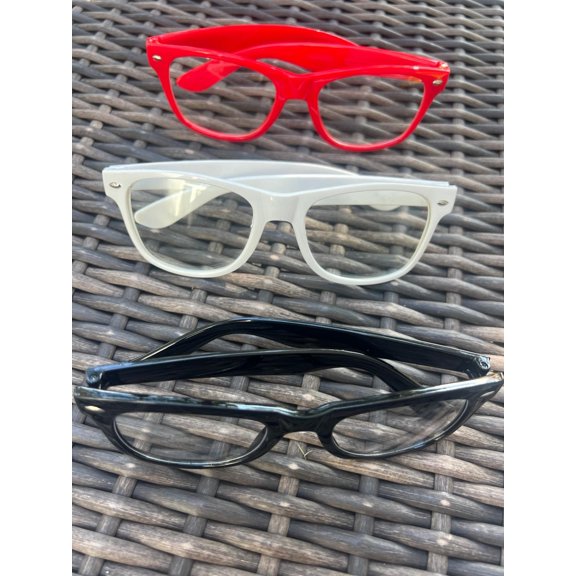 Red & White & Black Clear Lens Glasses Nerd Geek Set of 3 New (BONUS 1 FUN CHOPS