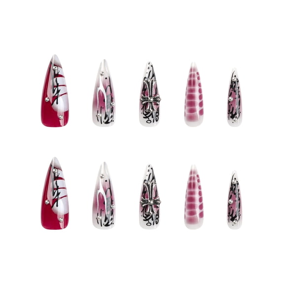 Red White Black Pink Abstract Stripe Crocodile Cross Press on Nails, Long Stiletto Glossy False Nails with Metallic Accent & Silver Studs, 24 Count