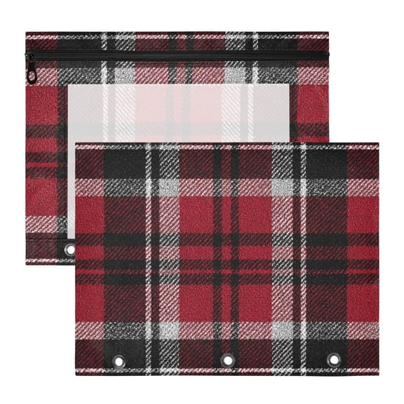 Red White Black Plaids 3-Ring Binder Pouches A4 Size Zipper Pocket File Storage 2 Packs
