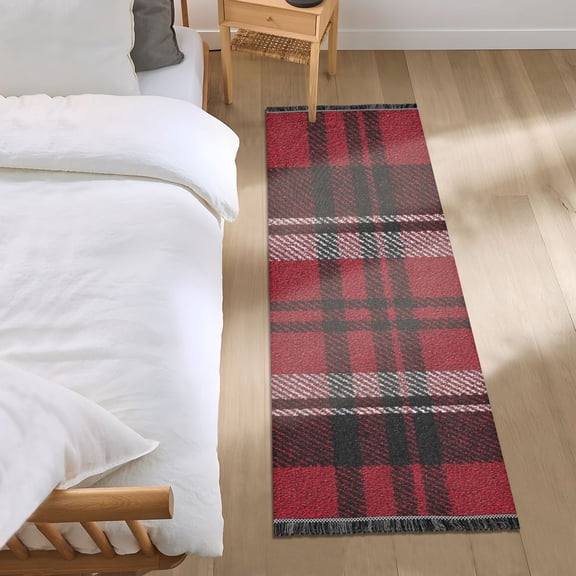 Red White Black Plaids Bedside Runner Rug 2'x 6' Non Slip Carpet Floor Mat Area Rug