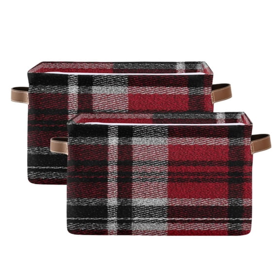 Red White Black Plaids Square Storage Bins with Handles Collapsible Containing Box 2 Packs