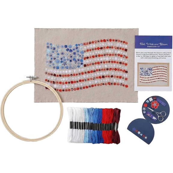 Red, White & Bloom Embroidery Kit, America's 250th Anniversary Cross-Stitch Kit, DIY Patriotic Floral Embroidery, Full Range of Embroidery Starter Kits for Beginners Adults