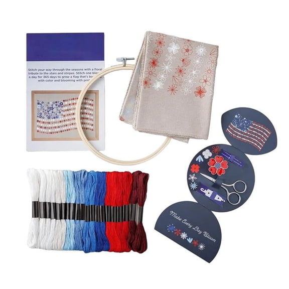 Red, White & Bloom Embroidery Kit, US 250th Anniversary Cross Stitch Kit, Flowers Embroidery Kits, Full Range of Embroidery Starter Kits for Beginners Adults, Gifts for Veterans & Craft Lover
