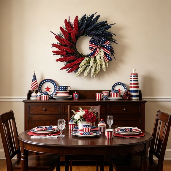 Red White Blue 4th of July Wreath for Front Door, Patriotic Artificial Flowers Wreath with Hydrangeas and Bow, Independence Day Memorial Day Decor for Porch Wall Window