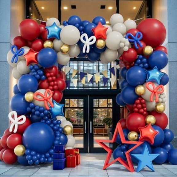Red White Blue Balloon Garland Arch Kit – Double Stuffed Navy Blue Dark Ruby Red Sand White Gold Latex Balloons with Star Foil Bow for Birthday Patriotic Nautical Veterans Day Party Decorations
