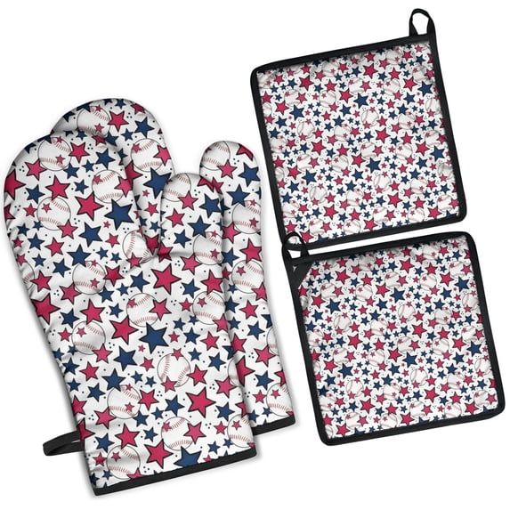 Red White Blue Baseballs and Stars Pattern Kitchen Oven Mitt and Pot Holder Sets 2 Pcs for Baking, Cooking and Grilling, Heat Resistant Up To 392 °F