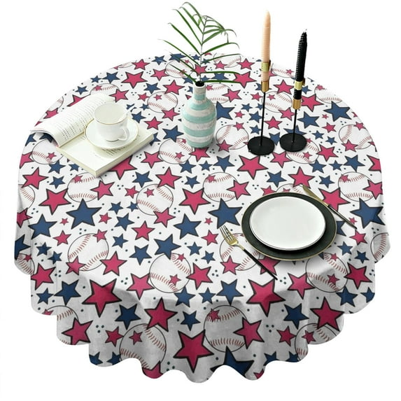 Red White Blue Baseballs and Stars Pattern Round Tablecloth 60"x60",Wrinkle Wipeable Table Cloth for Kitchen Dining Room Picnic Patio Party