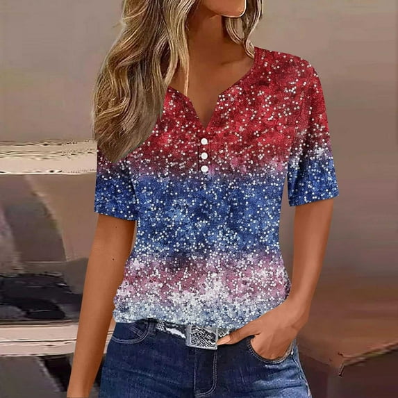 Red White and Blue Blouse for Women American Flag Shirts for Women Red White and Blue Womens Shirts Memorial Day Shirts Ladies Independence Day Printed Button V-Neck Top Shirt