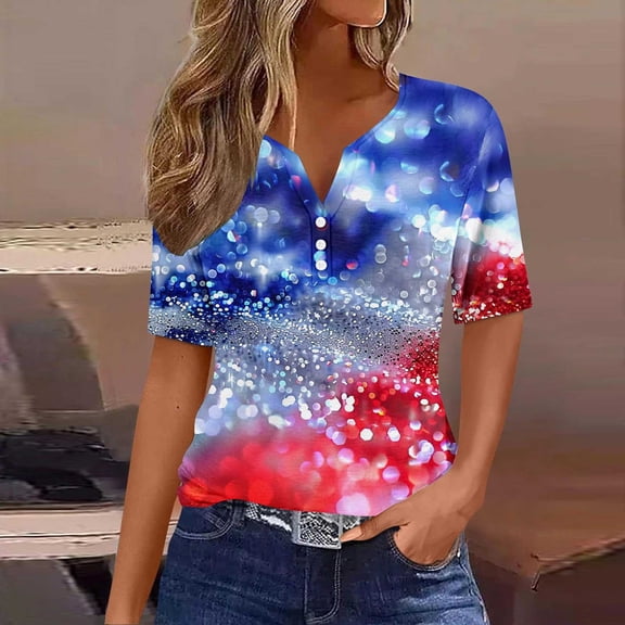Red White and Blue Blouse for Women American Flag Shirts for Women Red White and Blue Womens Shirts Memorial Day Shirts Ladies Independence Day Printed Button V-Neck Top Shirt
