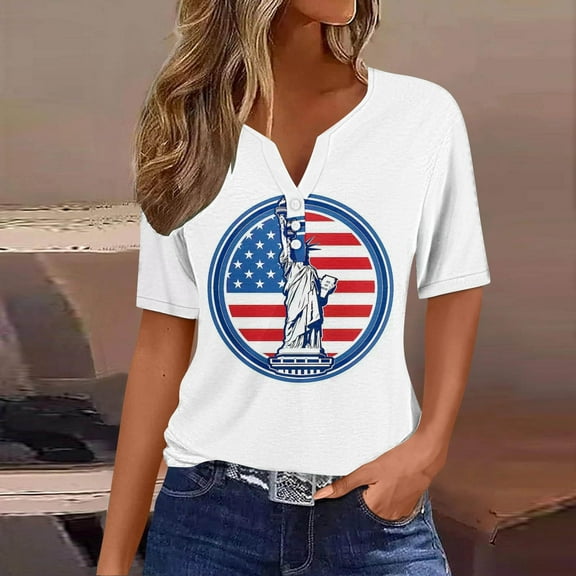 Red White and Blue Blouses for Women American Flag Women Shirts Fourth of July Shirt Women Memorial Day Shirts Women's Casual Independence Day Printed Short Sleeve V-Neck Top