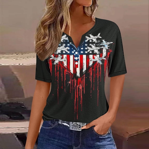 Red White and Blue Blouses for Women American Flag Women Shirts Fourth of July Shirt Women Memorial Day Shirts Women's Casual Independence Day Printed Short Sleeve V-Neck Top