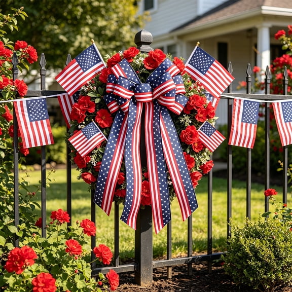 Red White Blue Bow Decorations Tricolor Ribbon Bows, Decorative Bunting for Porch Fence Door, Summer Garden Party Outdoor Decor, American Flag Trim for Railing
