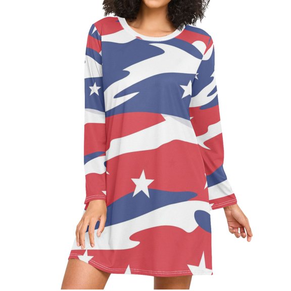 Red White Blue Camouflage Pattern Stars Women's Long Sleeves Nightgowns Sleepwear Soft Pajama A-line Sleep Dress M