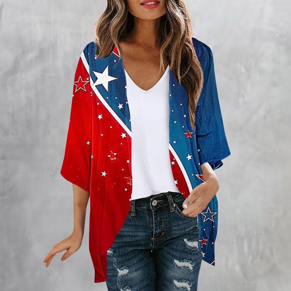 Red White and Blue Cardigan 3/4 Sleeve Cardigan Summer Patriotic Cardigan for Women Chiffon Cardigan for Women Fashion Independence Day Printing Casual Blouse Cardigan