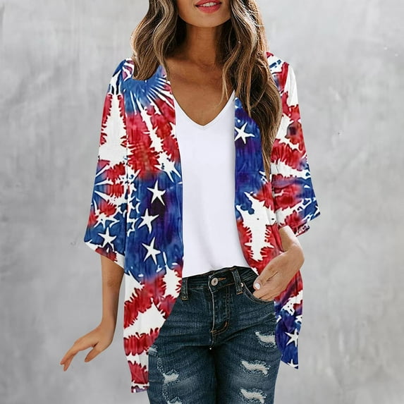 Red White and Blue Cardigan 3/4 Sleeve Cardigan Summer Patriotic Cardigan for Women Chiffon Cardigan for Women Fashion Independence Day Printing Casual Blouse Cardigan