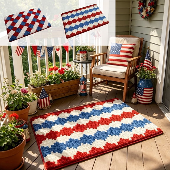 Red White Blue Checkered Doormat, Non Slip Bottom Geometric Entryway Rug, Weather Resistant Structure, Festive Mat for 4th of July Home Outdoor Decor, B