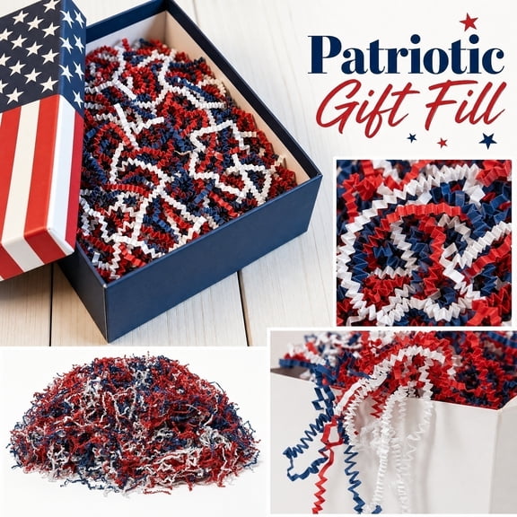 Red White Blue Crinkle Cut Paper Shreds for Gift Baskets & Packaging – Festive Patriotic Void Fill, Fluffy Textured Cushioning, No Shine No Stiffness, Ready to Use