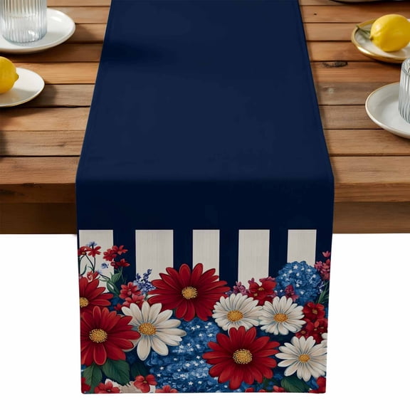 Red White and Blue Daisy Table Runner, Black Stripes Kitchen Table Runners Dress Scarves for Table Decorations Party/Restaurant/Indoor Outdoor Use, 13x72in