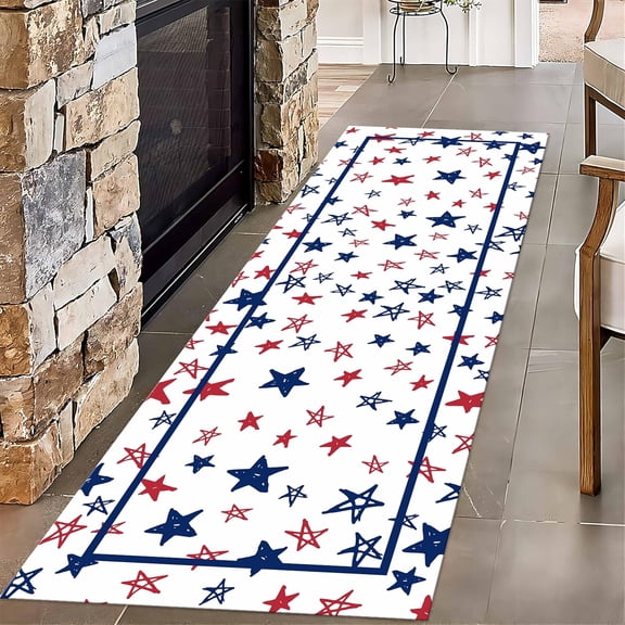 Red White and Blue Decor Hallway Rug, 2x7ft, Classic Five-Pointed Stars Pattern 4th of July Patriotic Decorative Area Rug, Soft Reduce Noise Floor Mat Rugs for Dining Room