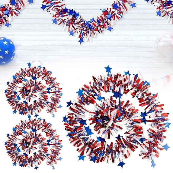 Red White and Blue Decorations Patriotic Glitter Garland Decoration Red White Metallic Garland 4Th of July Decor Cart Shiny for Car Independence Day Memorial Day Decor 1776 2026 250th anniversary