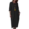 thumbnail image 1 of Red White And Blue Dress, Casual Loose 3/4 Sleeve Cotton Linen Solid Color Round Neck Beach Dresses With Pockets Flapper Baby Girls' Dresses Summer For Women Dresses (M, Black) ZMTing, 1 of 5