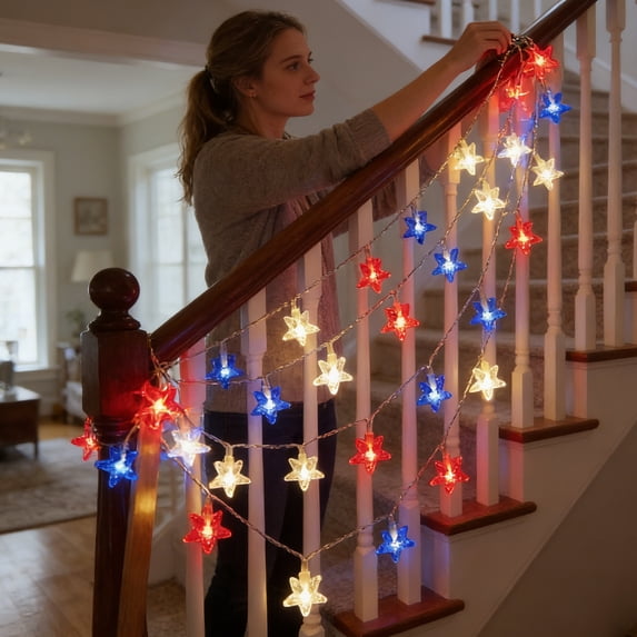 Red White And Blue Fairy Lights, 4th of July Decor Red White Blue Stars String Lights, Waterproof Connectable Patriotic Led Star Fairy Lights for Independence Day President Day, 20ft 40 Leds