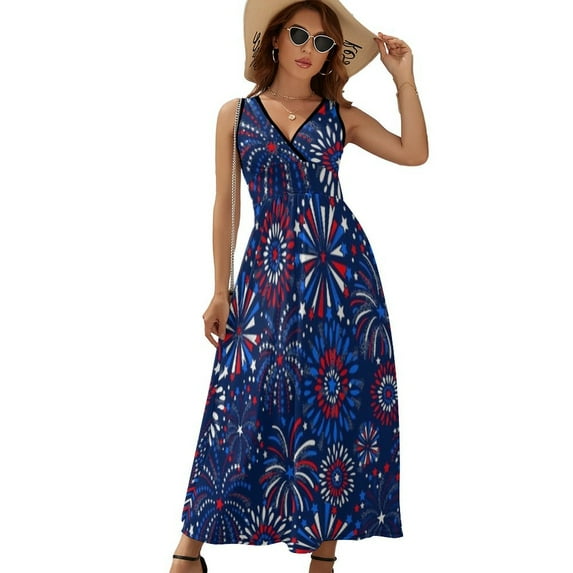 Red White & Blue Fireworks Womens Night Club Maxi Dress V Neck Sleeveless Bohemia Long Dresses