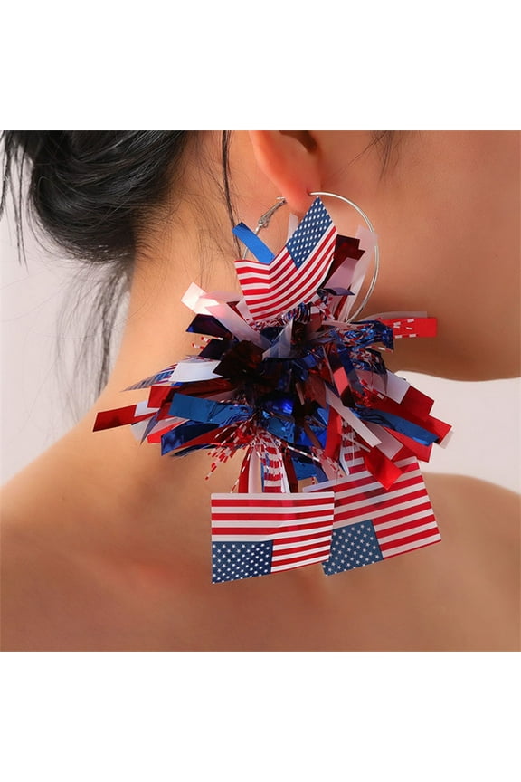 Red, White & Blue Flag Dangle Earrings for Women - 4th of July Patriotic Plastic Drop Earrings - 12x12cm (4.7x4.7in) - Set of 2