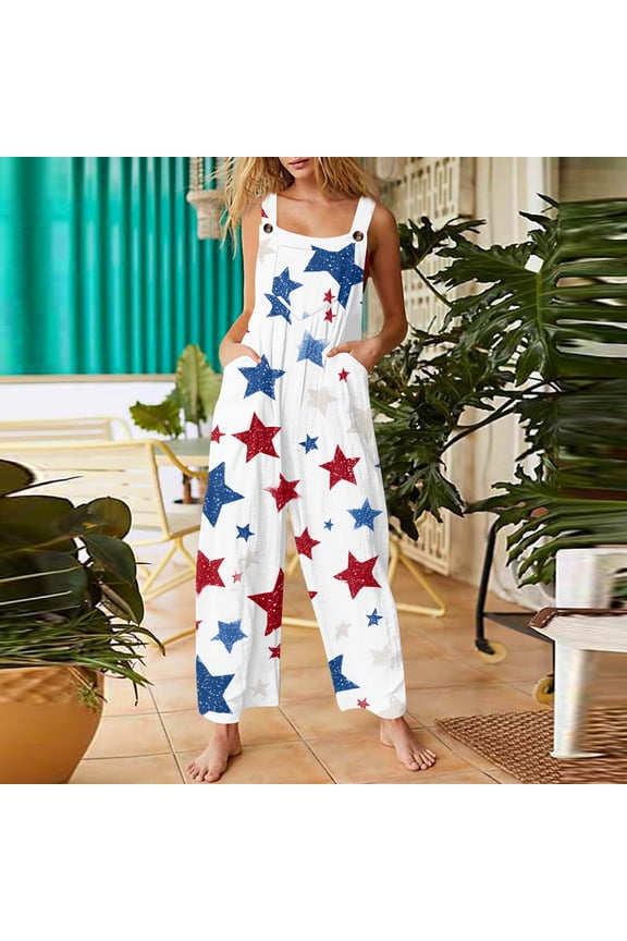 Red White Blue Floral Star Overalls American Country Style Wide Leg Red 2XL