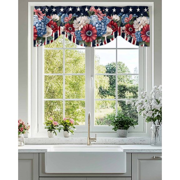 Red White and Blue Floral Tie Up Valances Curtain, Adjustable Kitchen Black Stars Stripes Valances for Windows Decor, Rod Pocket Short Curtains Set for Bedroom/Bathroom, 42"x12"