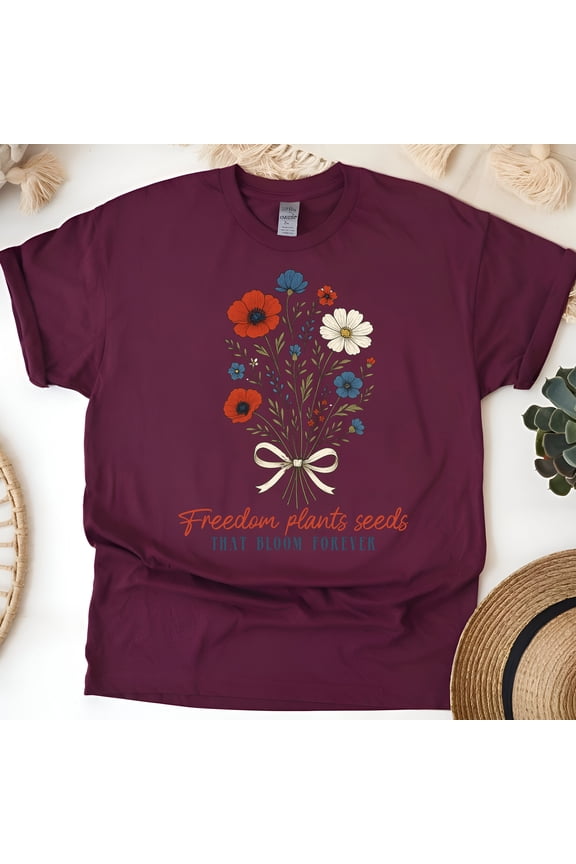 Red White Blue Flower Shirt | Inspirational Freedom Graphic T-Shirt, Maroon, Size S