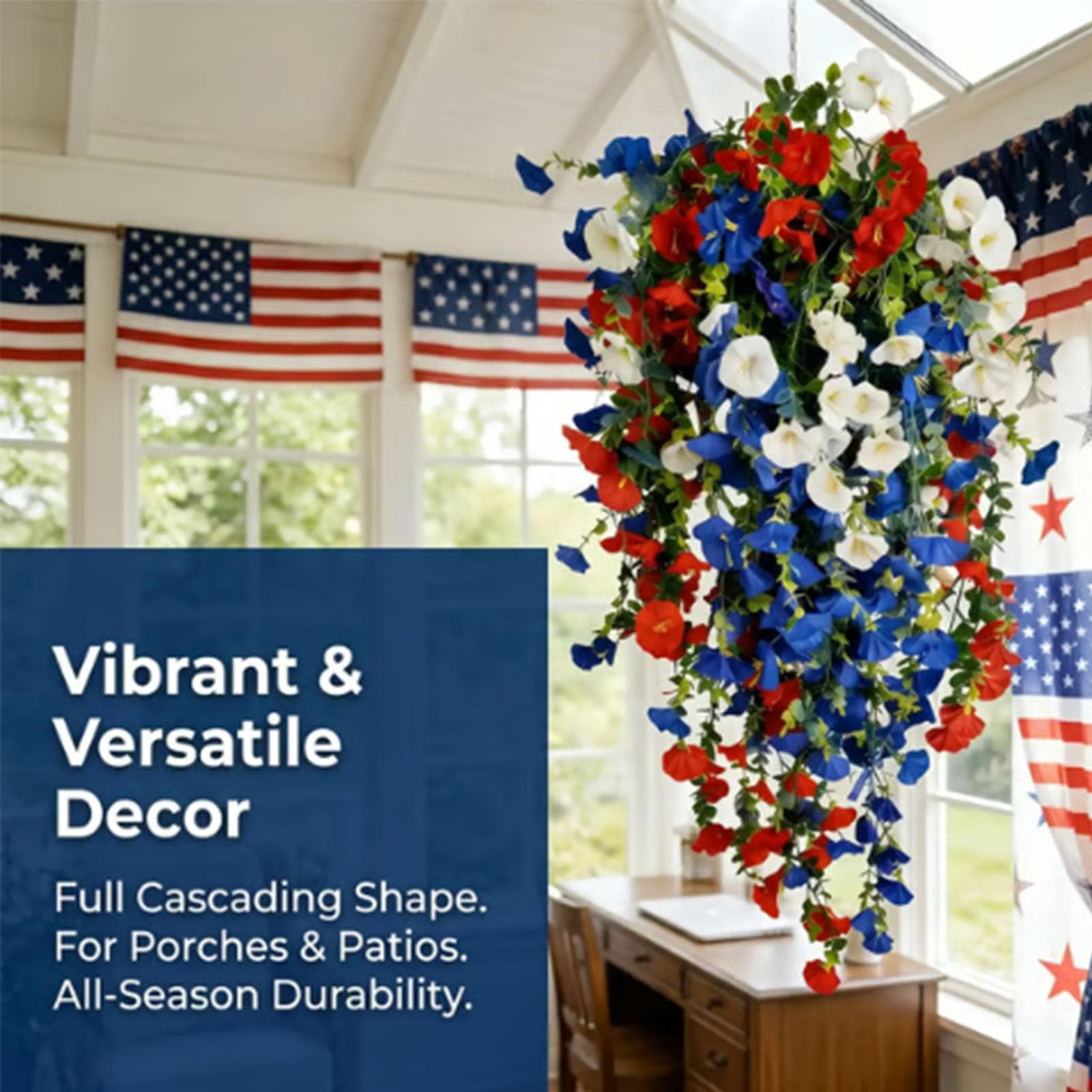 Red White and Blue Flowers Artificial Flowers, 4th of July Decorations Patriotic Artificial Flowers with Led Lights and Outdoor Hanging Morning Vines for Front Door Porch Decor Memorial Day, 9.8" B