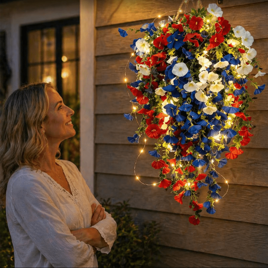 Red White and Blue Flowers Artificial Flowers, 4th of July Decorations Patriotic Artificial Flowers with Led Lights and Outdoor Hanging Morning Vines for Front Door Porch Decor Memorial Day, 9.8" A