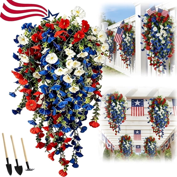 Red White and Blue Flowers Artificial Flowers Outdoor, 4th of July Decoration Tricolor Patriotic Artificial Flower, UV Resistant Artificial Morning Glory Vines for Independence Day Decor (1set)