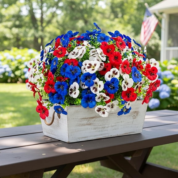 Red White and Blue Flowers Artificial Pansy, 36 Bundles UV Resistant Fake Plant, Patriotic Faux Plastic Silk Greenery for Outdoor Porch Garden (36pcs)