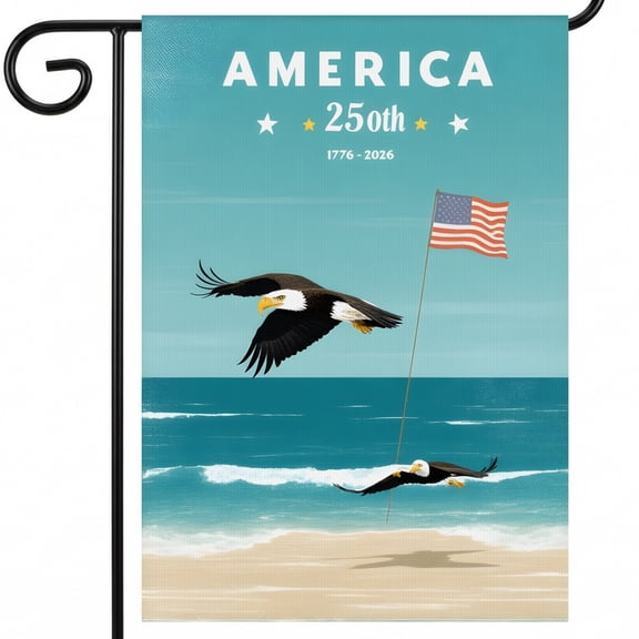 Red White Blue Garden Flag Bald Eagles Beach Ocean America Celebrating 250 Year Anniversary 1776-2026 28x40 Inch Banner