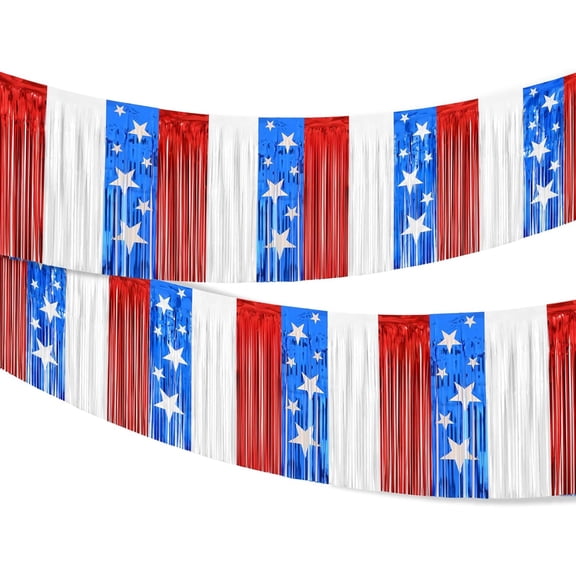 Red White Blue Garland Streamers - 4Packs 39.4 Feet Foil Fringe Garland Tinsel Patriotic Metallic Banner American Flag Backdrop for Parade Floats 4th of July Patriotic Decorations (Red Blue)
