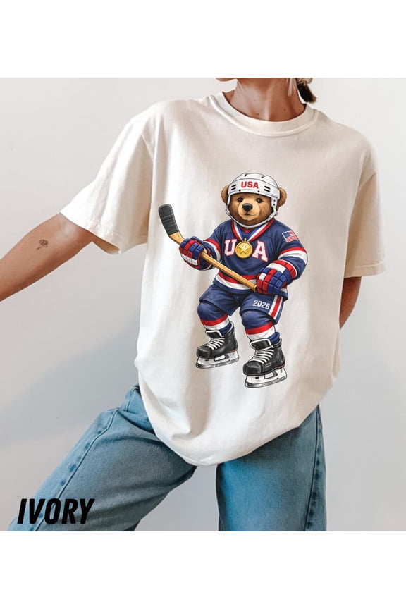 Red White Blue Gold Medal Team Support Top, USA Hockey Bear 2026 Shirt, Comfort Colors Unisex Cotton T-Shirt, Size S-3XL