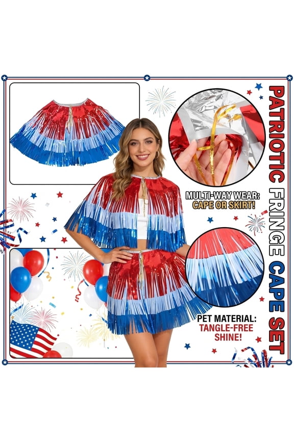 Red White Blue Gradient Tinsel Fringe Tutu Skirt, Patriotic Metallic Tassel Mini Skirt, 4th of July Independence Day Party Costume,41.3*19.7 in.