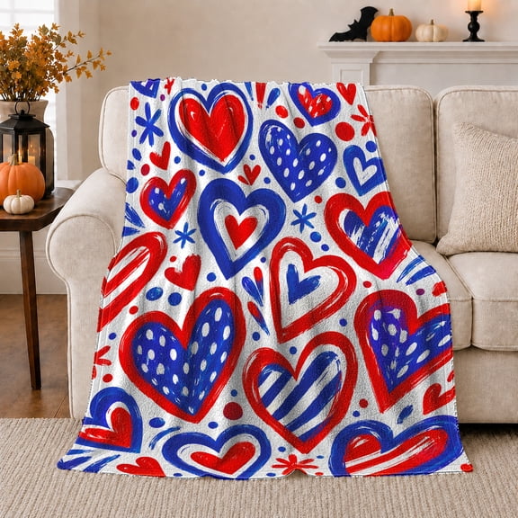 Red White and Blue Hearts Flannel Blanket with Painterly Brushstrokes, Dots and Starbursts, Valentine's Day Gift for Adult Art Lovers, Throw Blanket for Living Room Sofas and Bedroom Beds