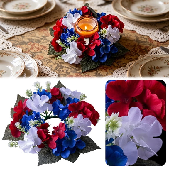 Red White Blue Hydrangea Candle Ring, Patriotic 4th of July Wreath for Independence Day, Veterans Day Candle Rings, Memorial Day Dining Table & Home Decoration 11 Inch 1Pcs