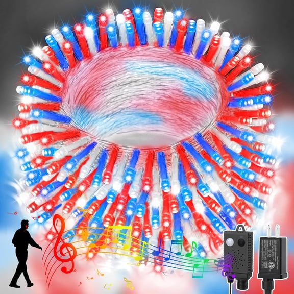 Red White Blue LED String Lights with Music Motion Sensor, 100 Bulbs Plug-in Waterproof Patriotic Fairy Lights Indoor Outdoor for 4th of July Memorial Day Holiday Party Decor