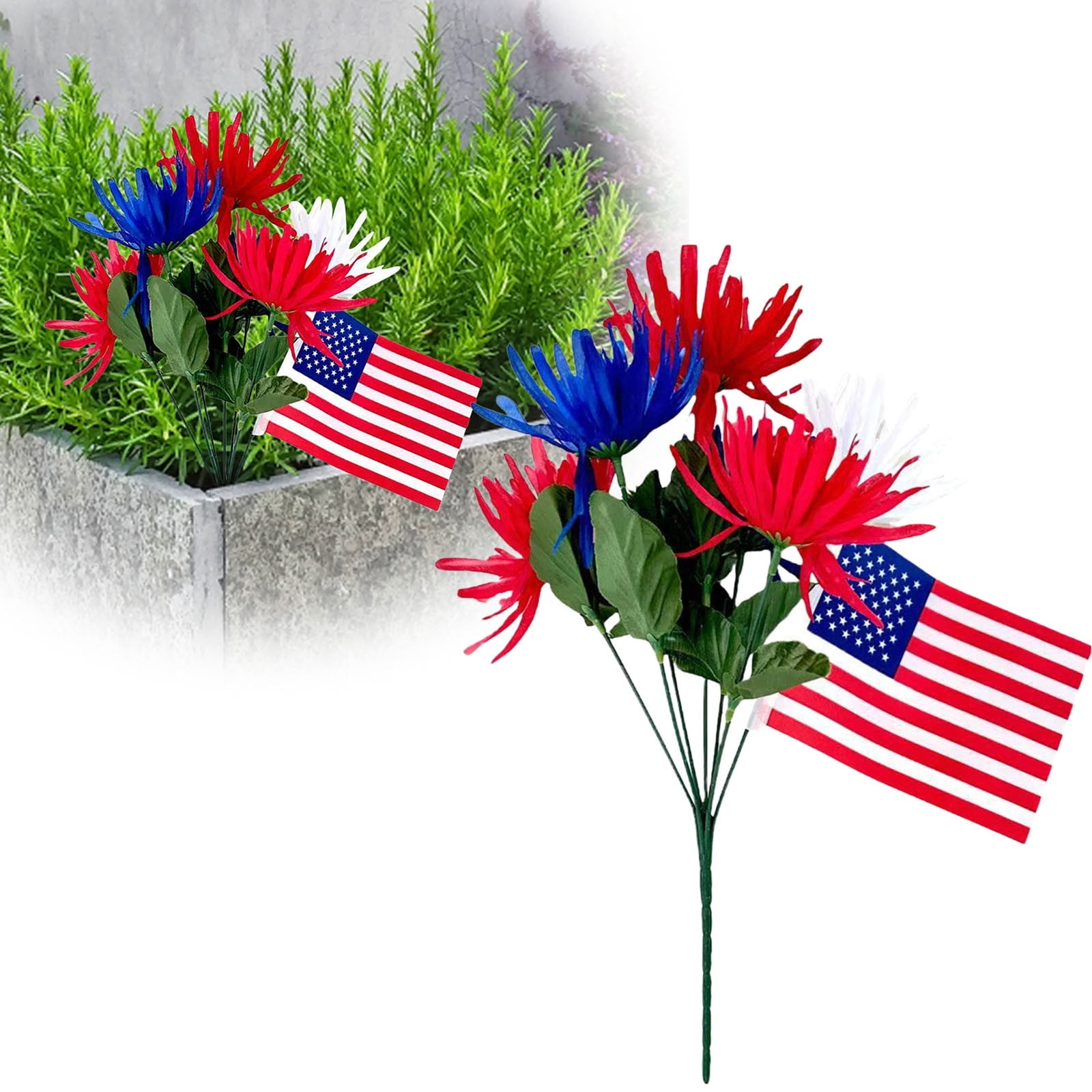 Red White and Blue Memorial Flowers - Cemetery Bouquet with US Flags ...